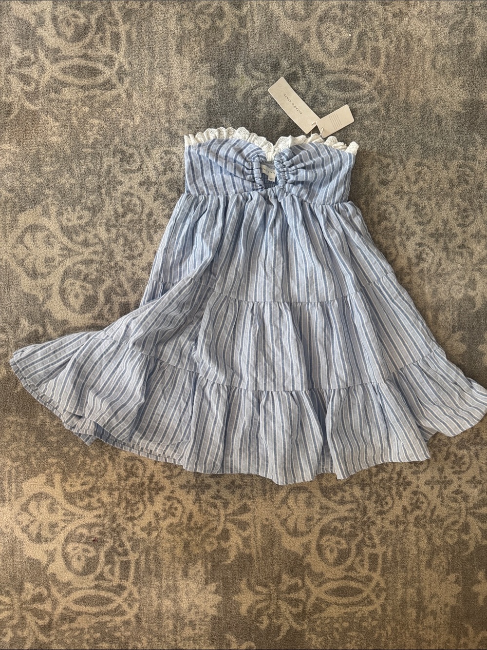 NWT New Altar'd State Light Blue and White Striped Sundress with Lace Trim
